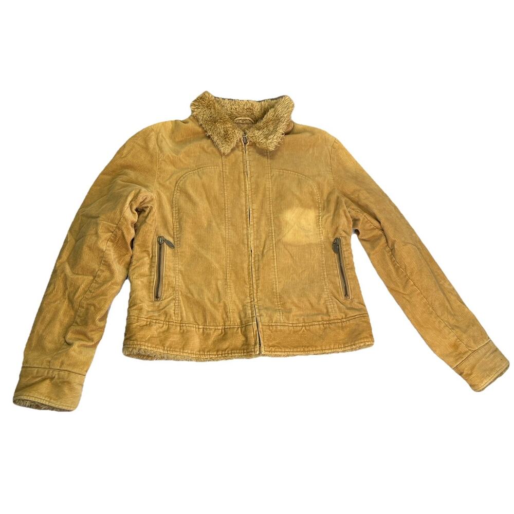 Vintage Y2K Jacket Tan Faux Fur Trim Corduroy Coat Mudd Woman’s Size Large